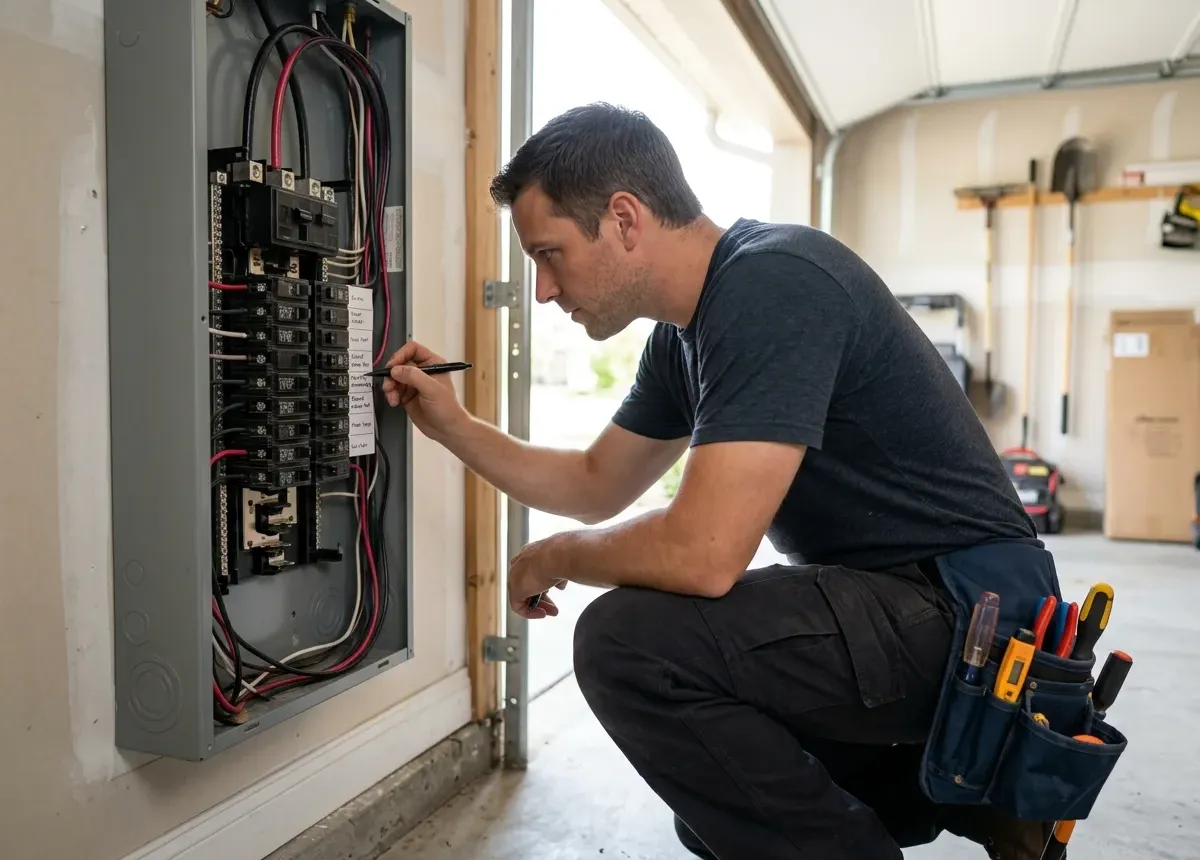 An electrician crouched at a residential breaker panel in a garage, reading the circuit labels