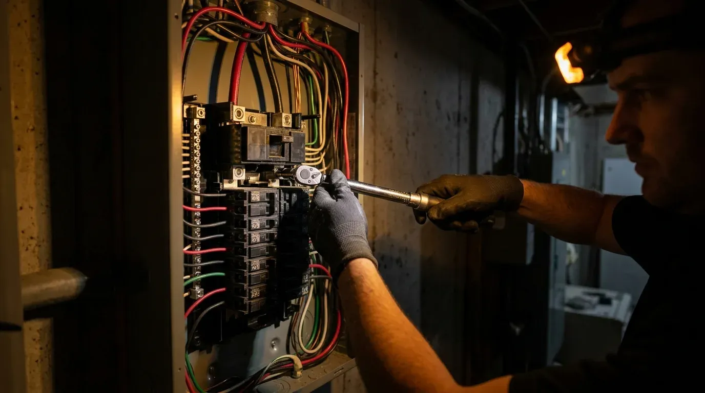 An electrician torquing wire terminals inside the new 200 amp breaker panel on that same wall