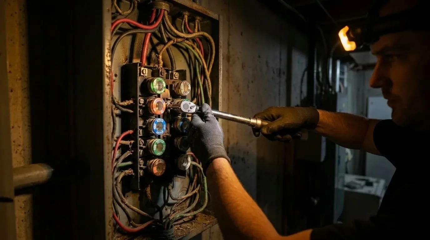 The old screw-in fuse box on the same wall before the upgrade, cloth covered wiring and tangled conductors