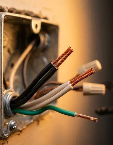 Stripped copper conductor ends ready to be joined inside a residential junction box